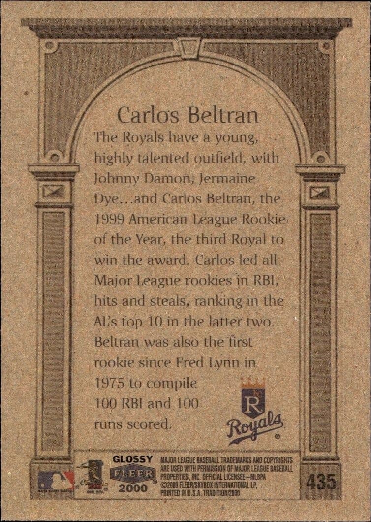 2000 Fleer Tradition Glossy Carlos Beltran #435 baseball trading card back
