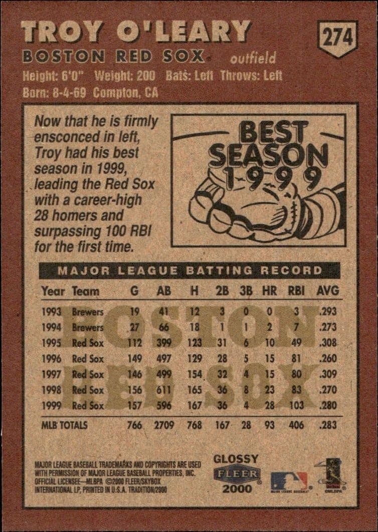 2000 Fleer Tradition Glossy Troy O'Leary #274 baseball trading card back