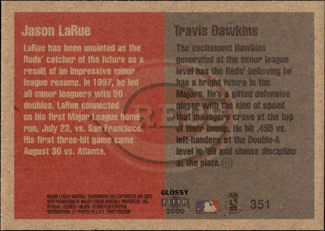 2000 Fleer Tradition Glossy Jason LaRue #351 baseball trading card back