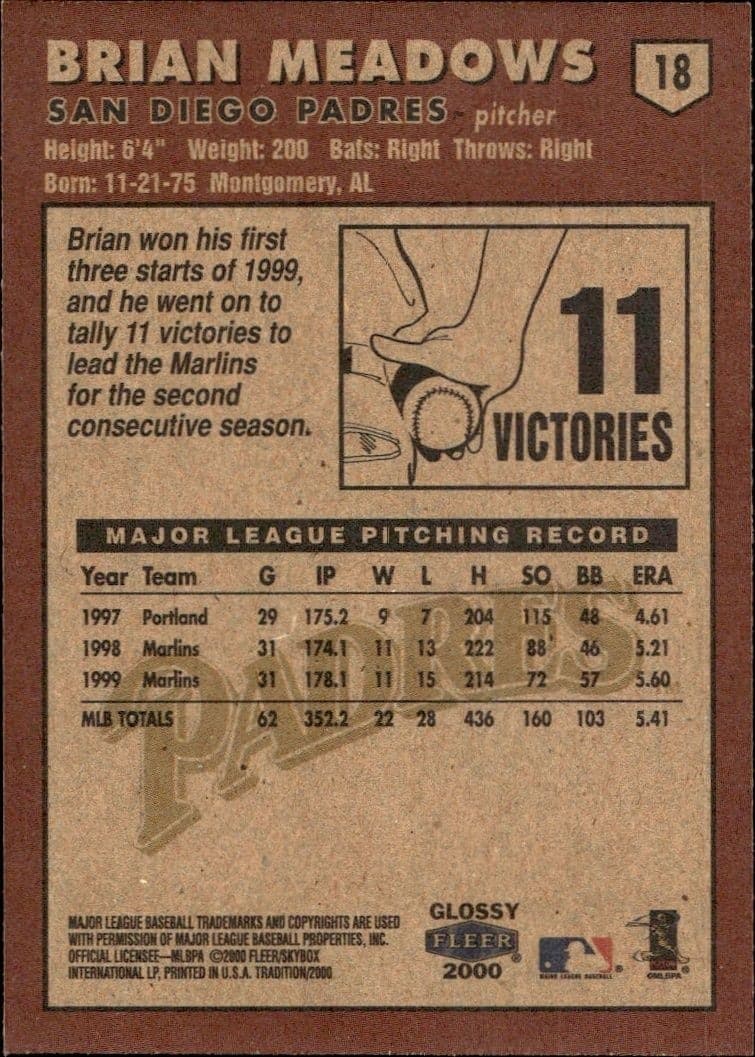 2000 Fleer Tradition Glossy Brian Meadows #18 baseball trading card back