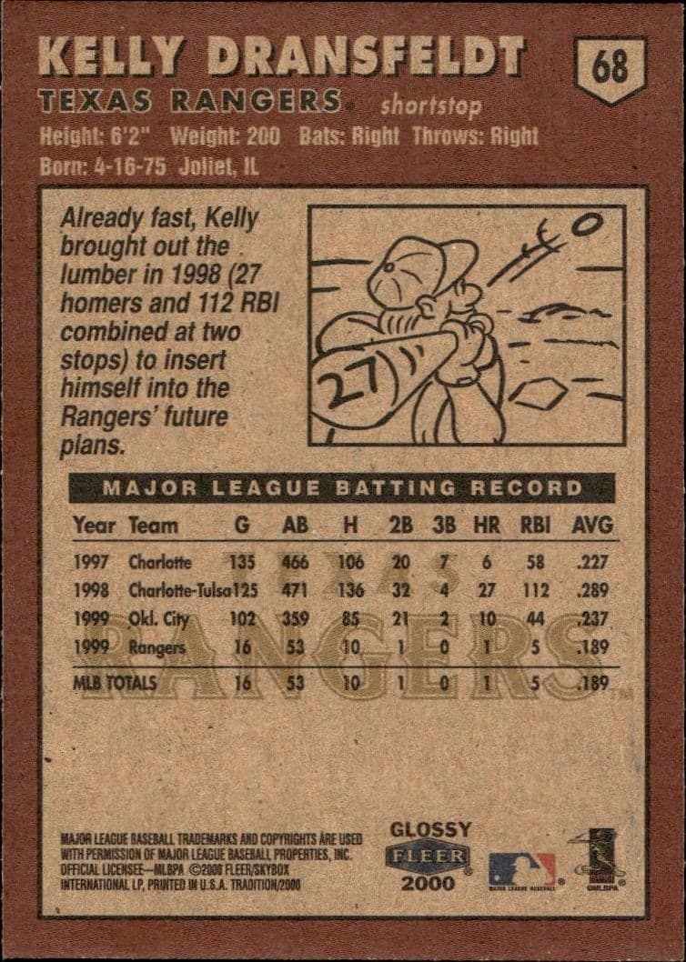 2000 Fleer Tradition Glossy Kelly Dransfeldt #68 baseball trading card back
