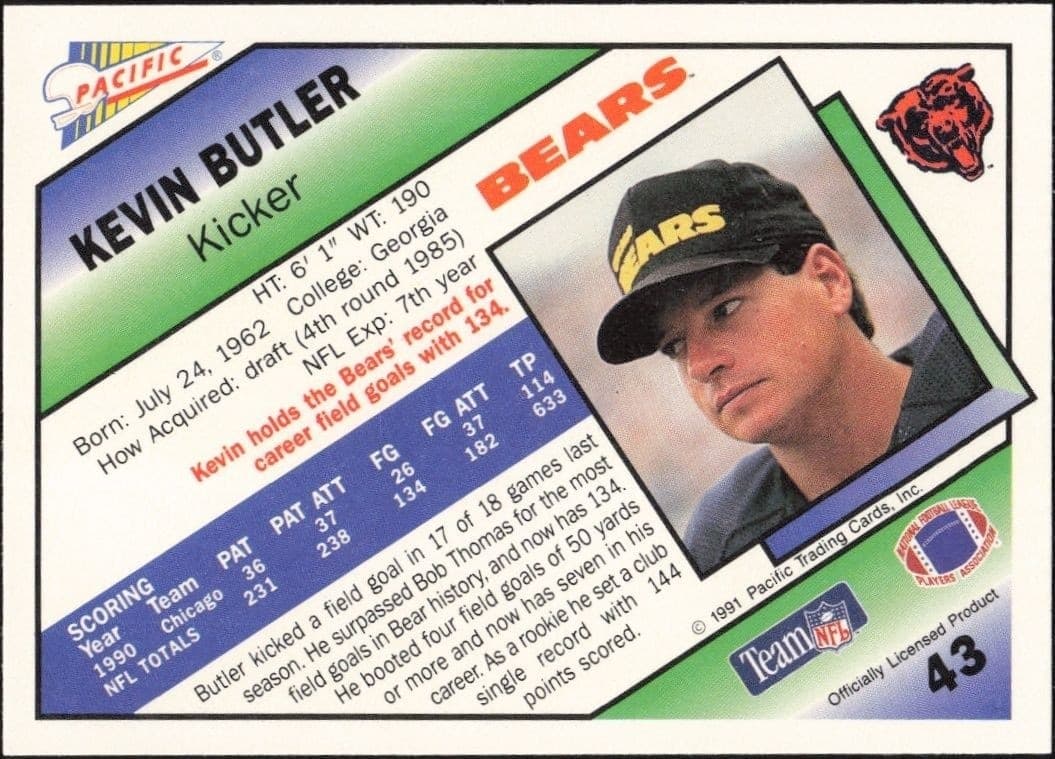 1991 Pacific Kevin Butler #43 football trading card back