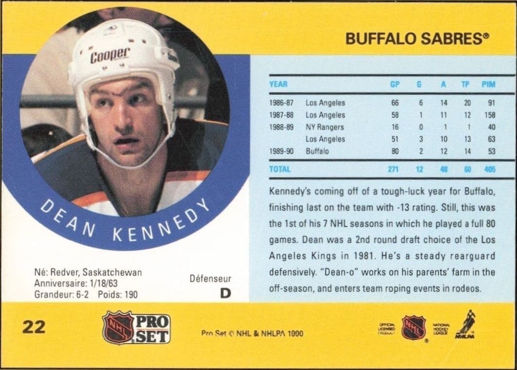 1990-91 Pro Set Dean Kennedy #22 hockey trading card back