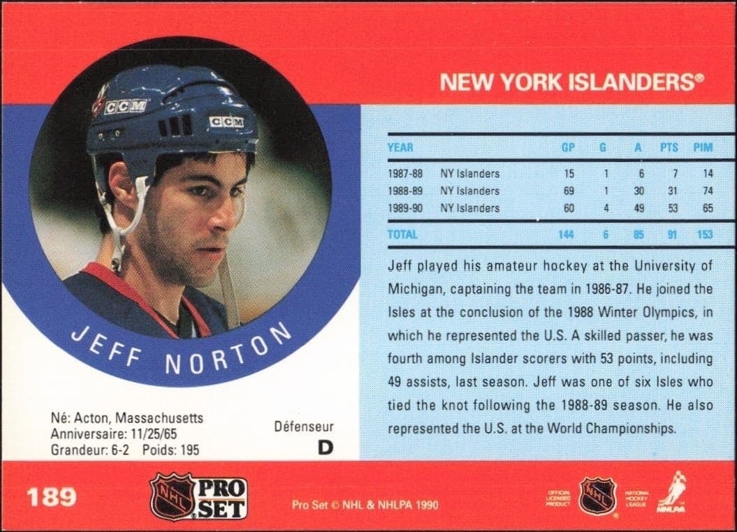 1990-91 Pro Set Jeff Norton #189 hockey trading card back