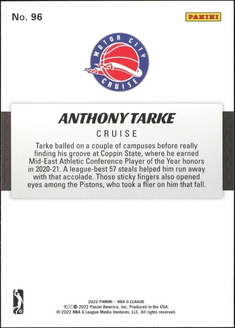 2021-22 Panini NBA G League Anthony Tarke #96 basketball trading card back