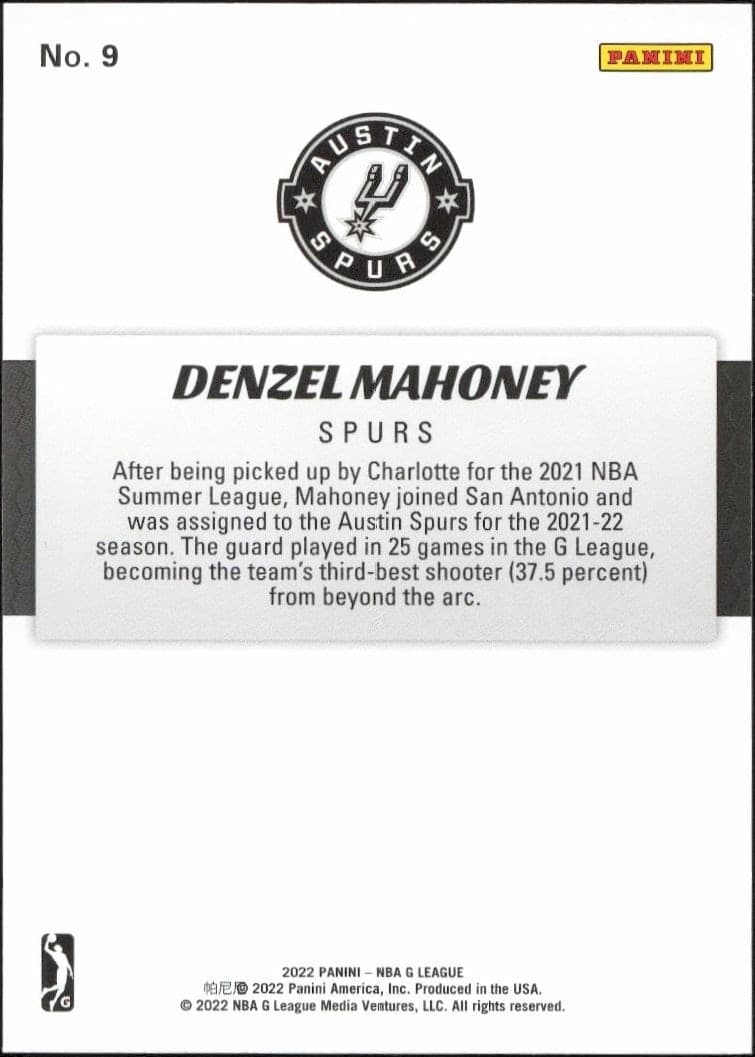2021-22 Panini NBA G League Denzel Mahoney #9 basketball trading card back