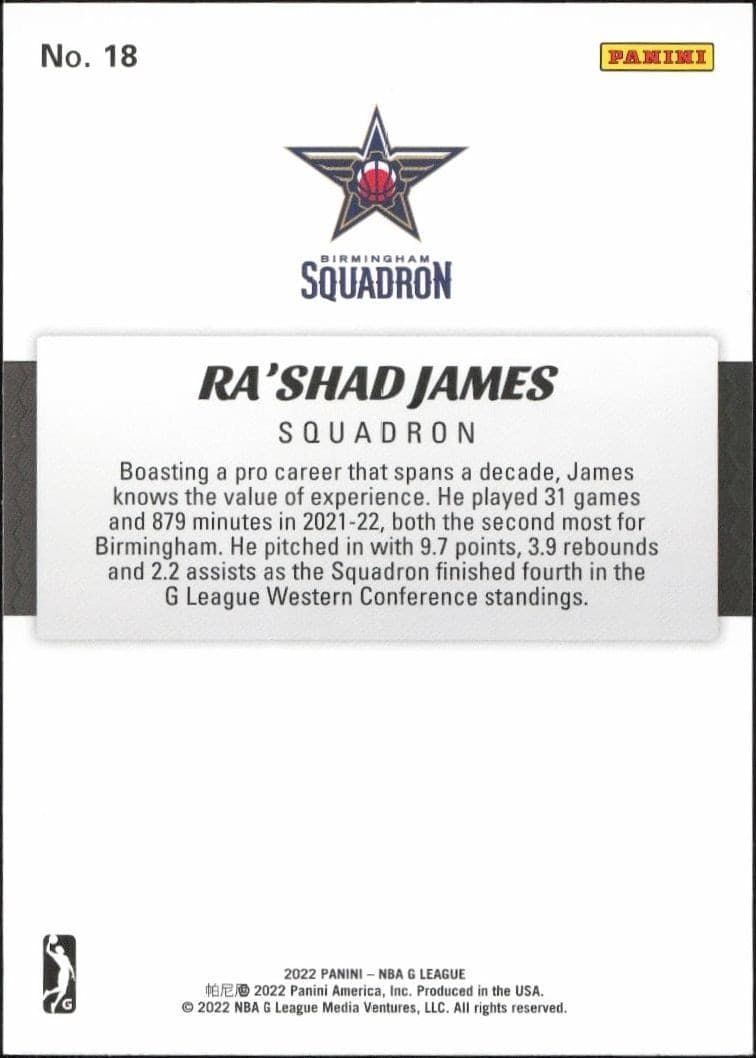 2021-22 Panini NBA G League Ra’shad James #18 basketball trading card back