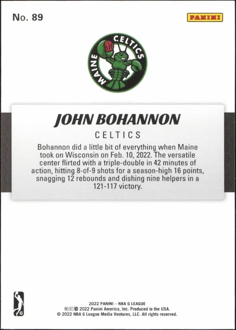 2021-22 Panini NBA G League John Bohannon #89 basketball trading card back