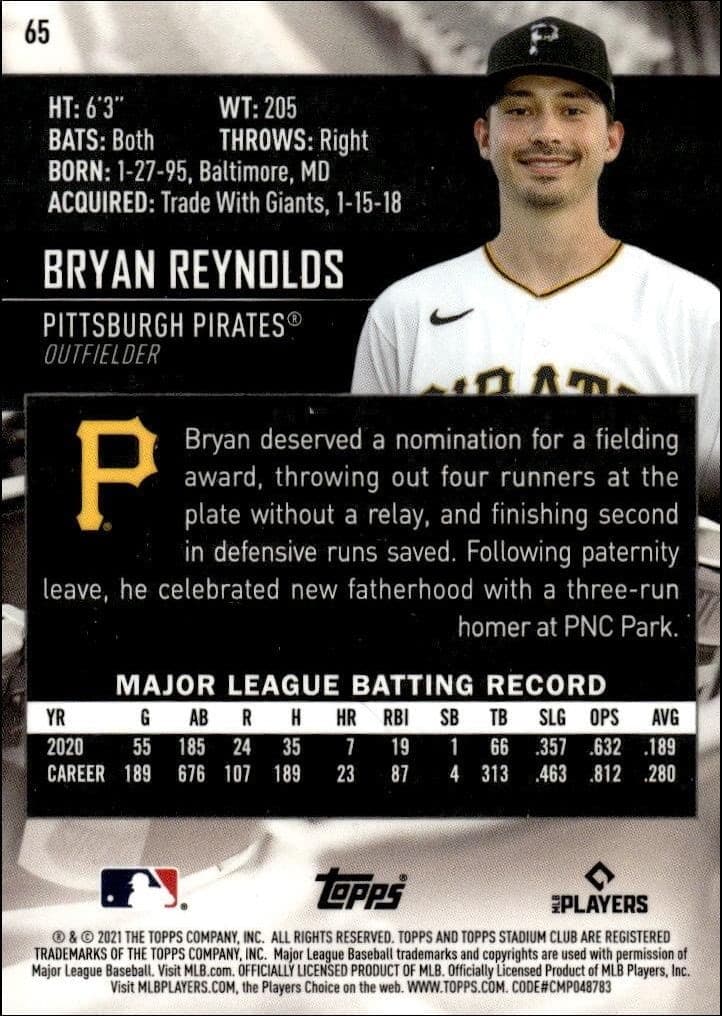 2021 Topps Stadium Club Chrome Bryan Reynolds #65 baseball trading card back