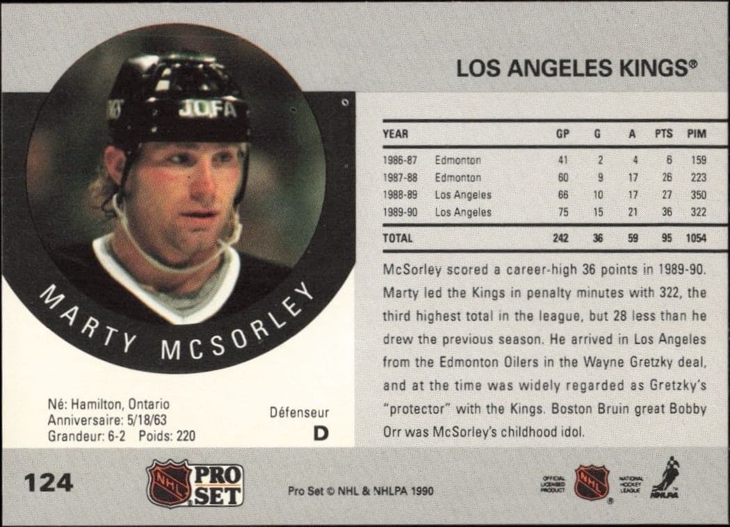 1990-91 Pro Set Marty McSorley #124 hockey trading card back