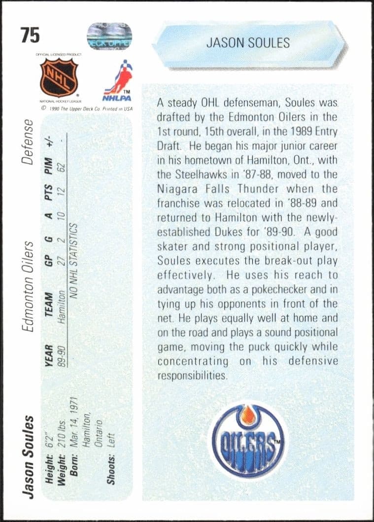 1990-91 Upper Deck Jason Soules #75 hockey trading card back