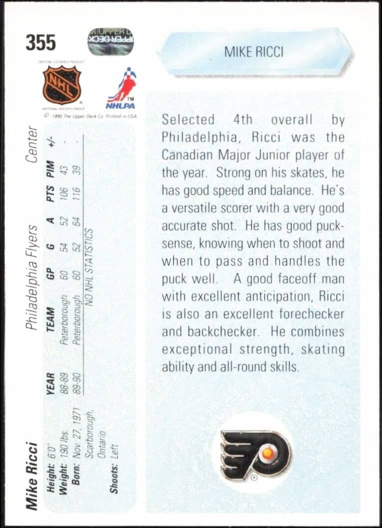 1990-91 Upper Deck Mike Ricci #355 hockey trading card back