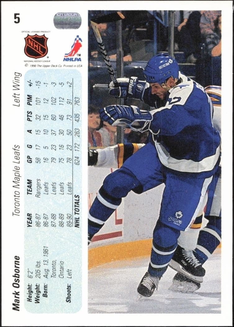 1990-91 Upper Deck Mark Osborne #5 hockey trading card back