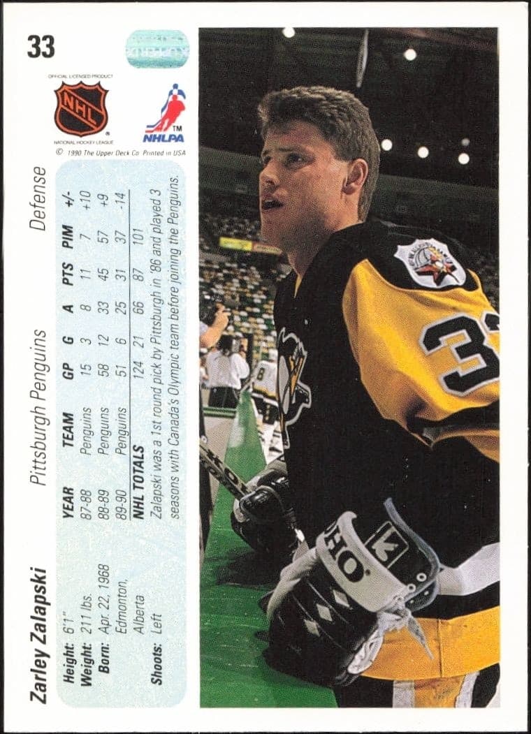 1990-91 Upper Deck Zarley Zalapski #33 hockey trading card back