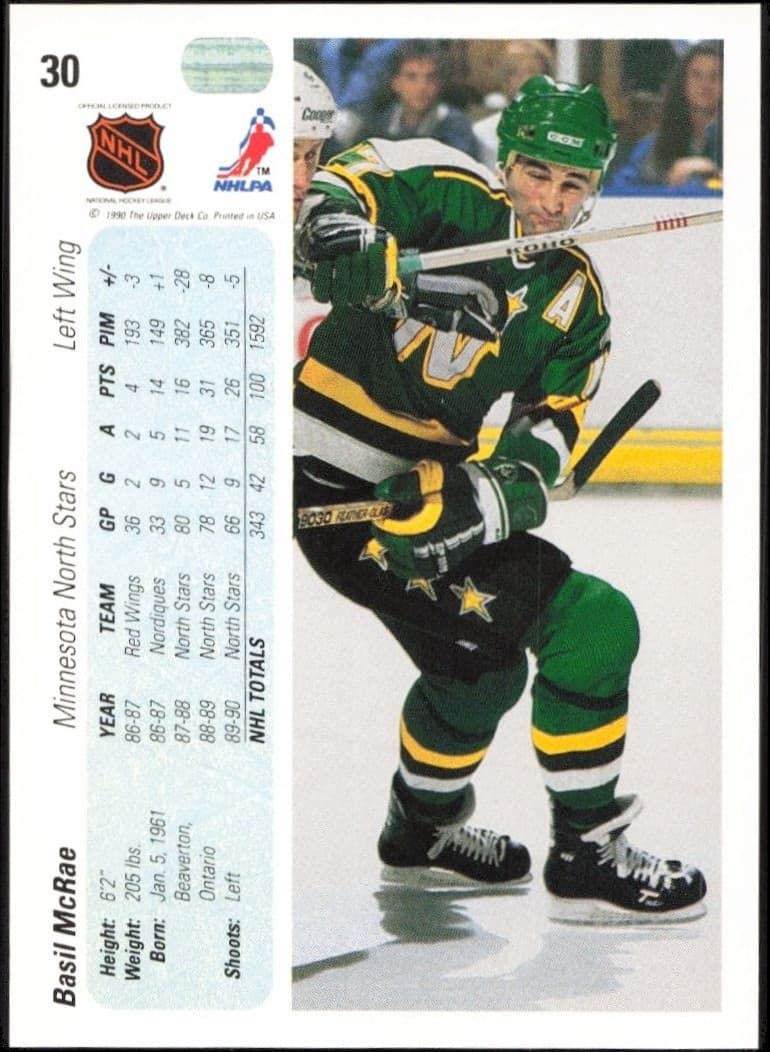 1990-91 Upper Deck Basil McRae #30 hockey trading card back