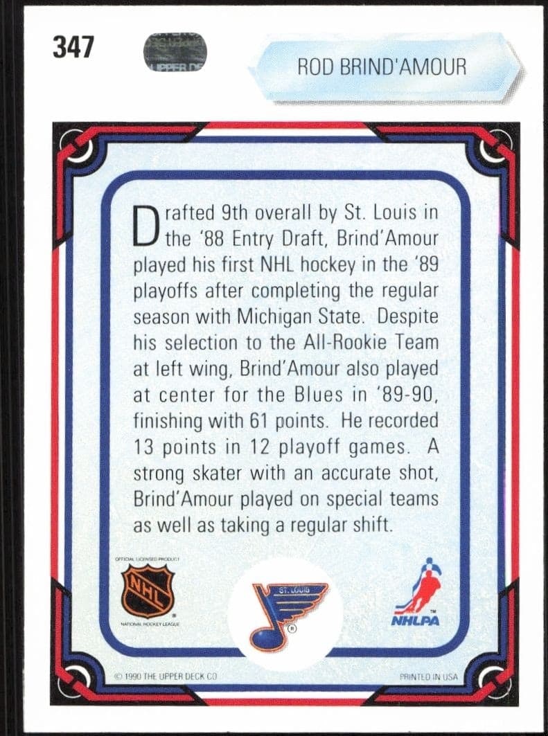 1990-91 Upper Deck Rod Brind'Amour #347 hockey trading card back