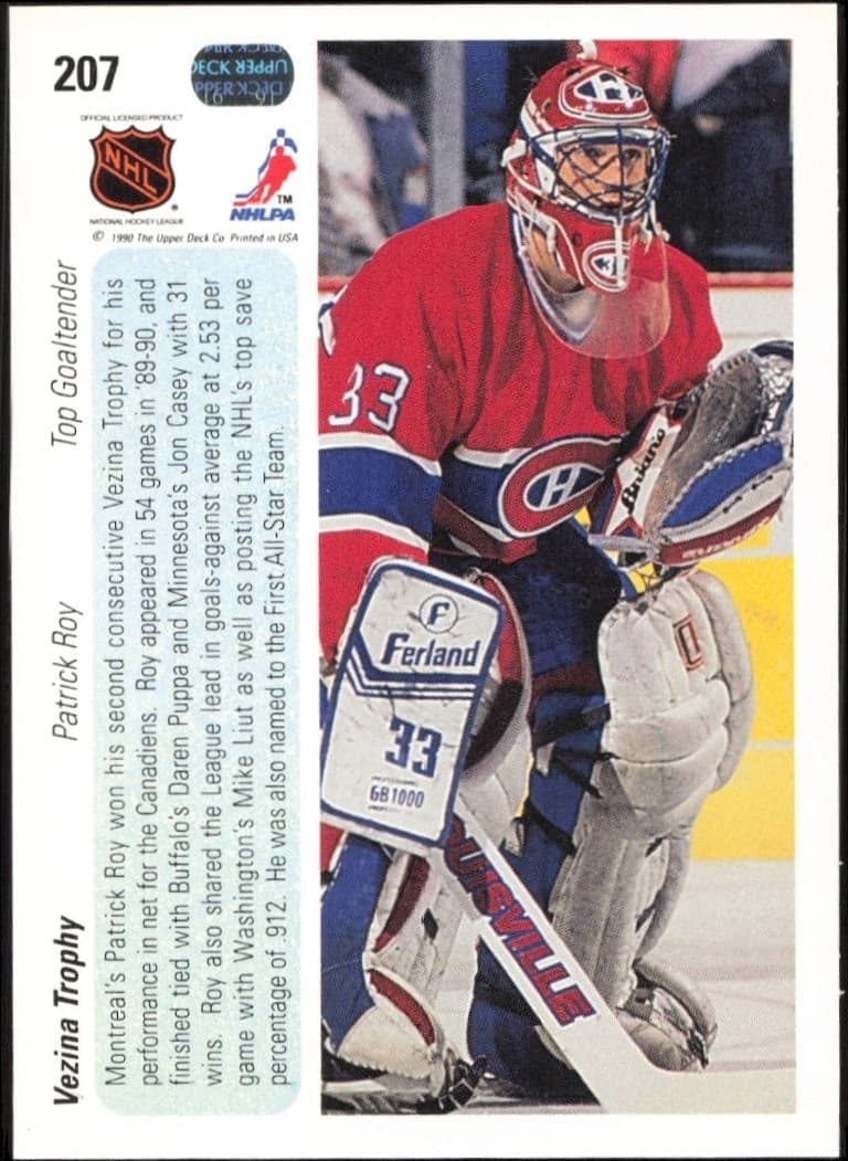 1990-91 Upper Deck Patrick Roy #207 hockey trading card back