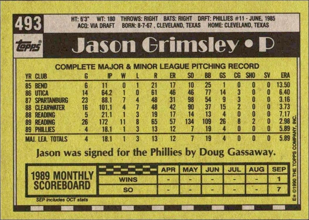 1990 Topps Jason Grimsley #493 baseball trading card back