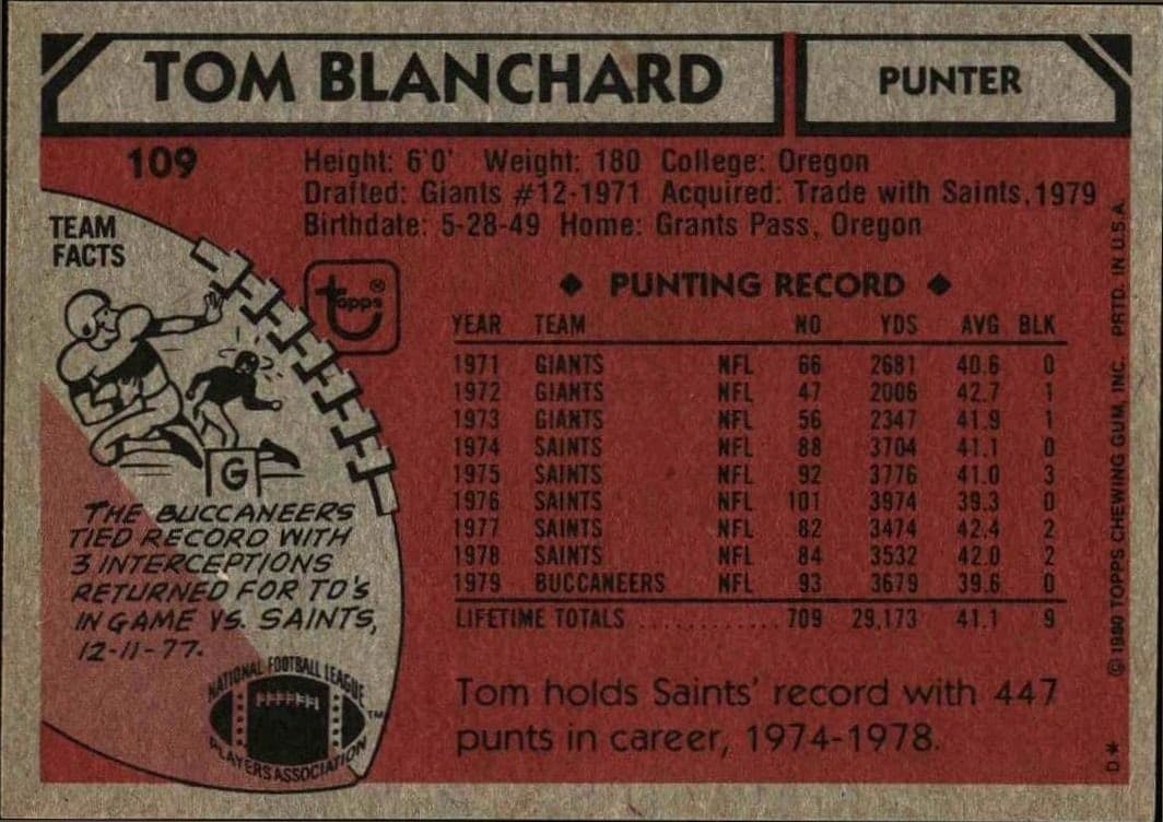 1980 Topps Tom Blanchard #109 football trading card back