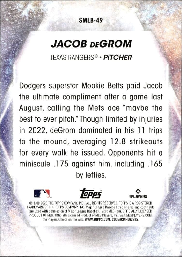 2023 Topps Series 2 Jacob DeGrom #SMLB-49 baseball trading card back