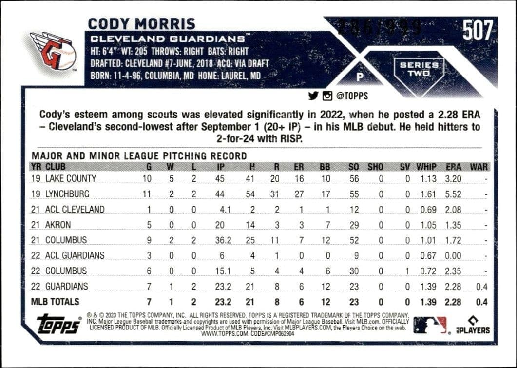 2023 Topps Series 2 Cody Morris #507 baseball trading card back