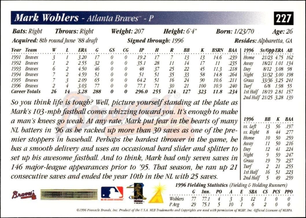 1997 Pinnacle Score Mark Wohlers #227 baseball trading card back
