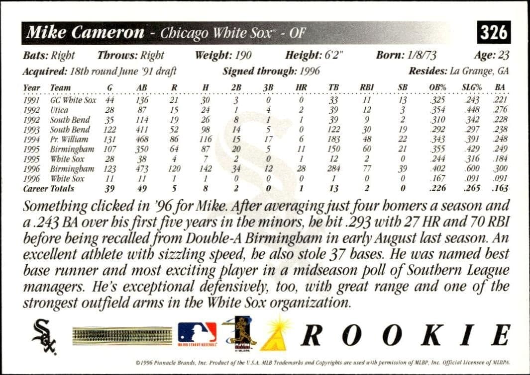 1997 Pinnacle Score Mike Cameron #326 baseball trading card back