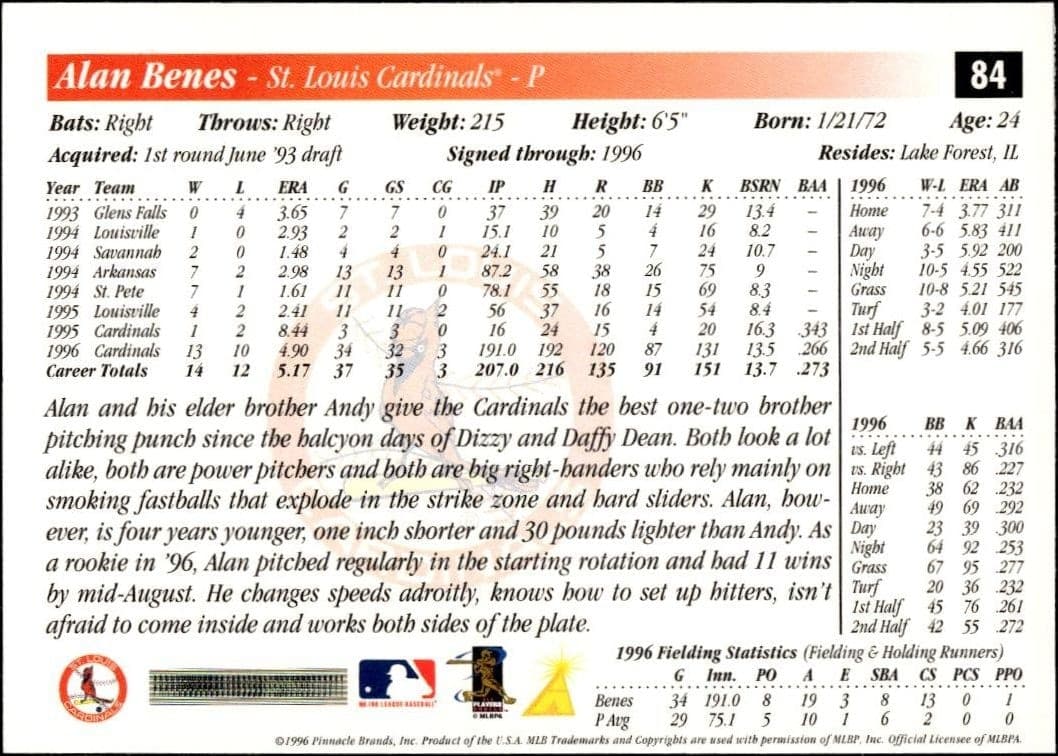 1997 Pinnacle Score Alan Benes #84 baseball trading card back