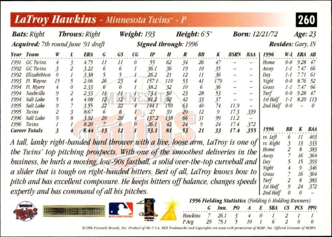 1997 Pinnacle Score LaTroy Hawkins #260 baseball trading card back