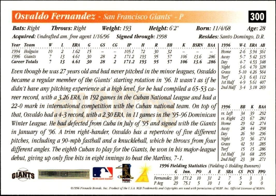1997 Pinnacle Score Osvaldo Fernandez #300 baseball trading card back