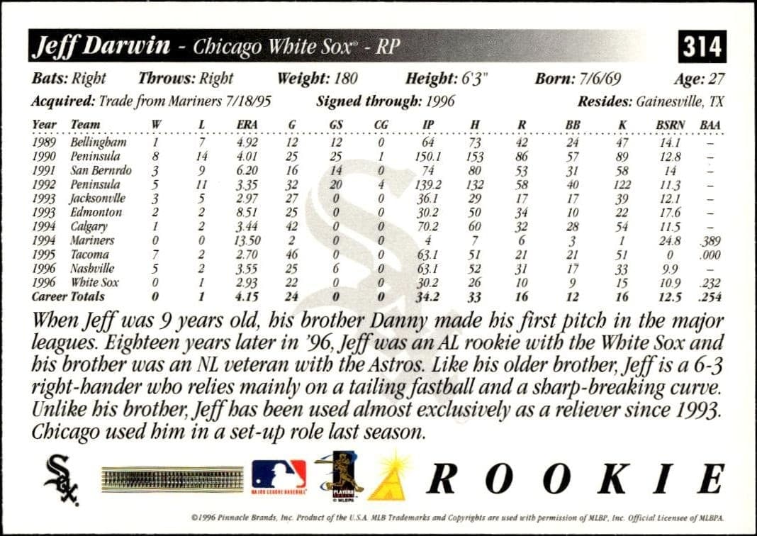 1997 Pinnacle Score Jeff Darwin #314 baseball trading card back