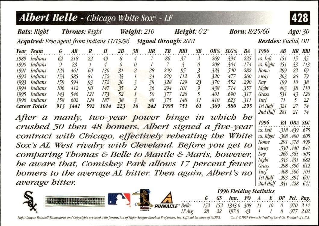 1997 Pinnacle Score Albert Belle #428 baseball trading card back