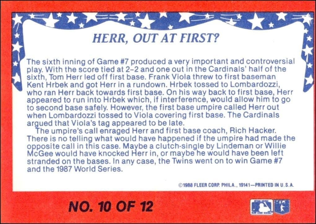 1988 Fleer World Series #10 baseball trading card back