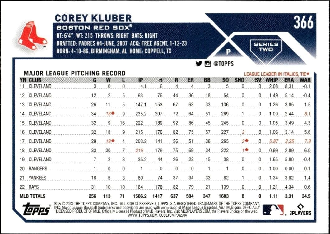2023 Topps Series 2 Corey Kluber #366 baseball trading card back