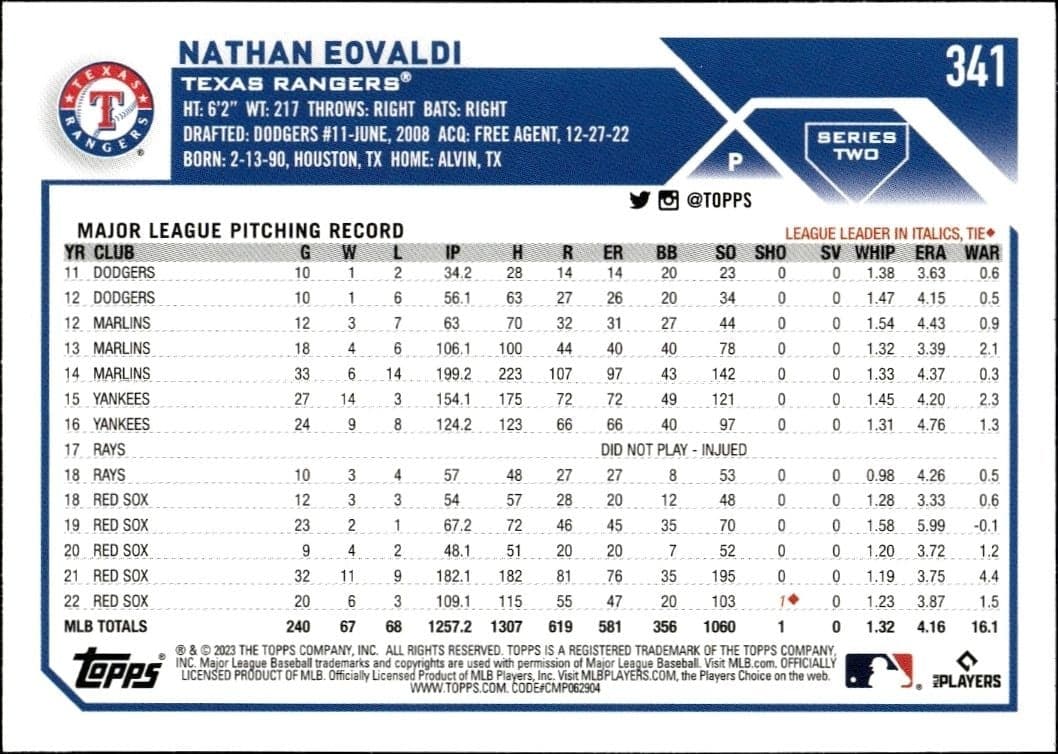 2023 Topps Series 2 Nathan Eovaldi #341 baseball trading card back