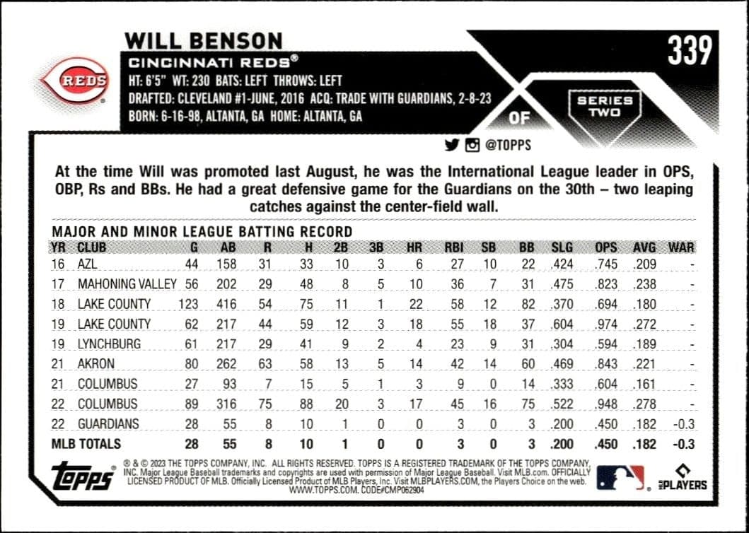 2023 Topps Series 2 Will Benson #339 baseball trading card back