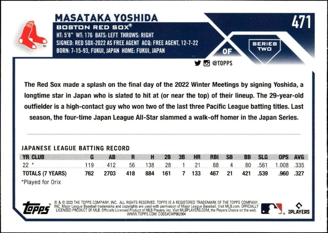 2023 Topps Series 2 Masataka Yoshida #471 baseball trading card back