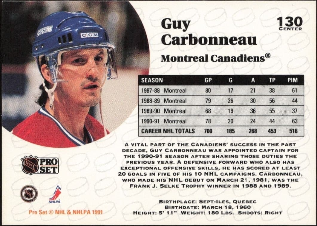 1991-92 Pro Set Guy Carbonneau #130 hockey trading card back
