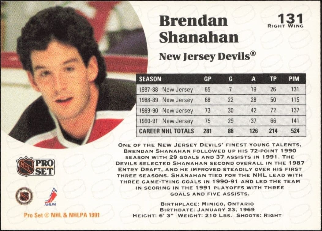 1991-92 Pro Set Brendan Shanahan #131 hockey trading card back