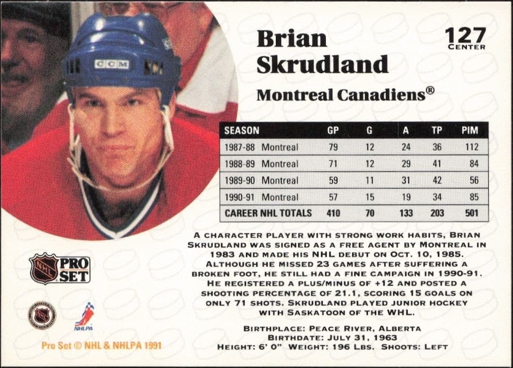 1991-92 Pro Set Brian Skrudland #127 hockey trading card back