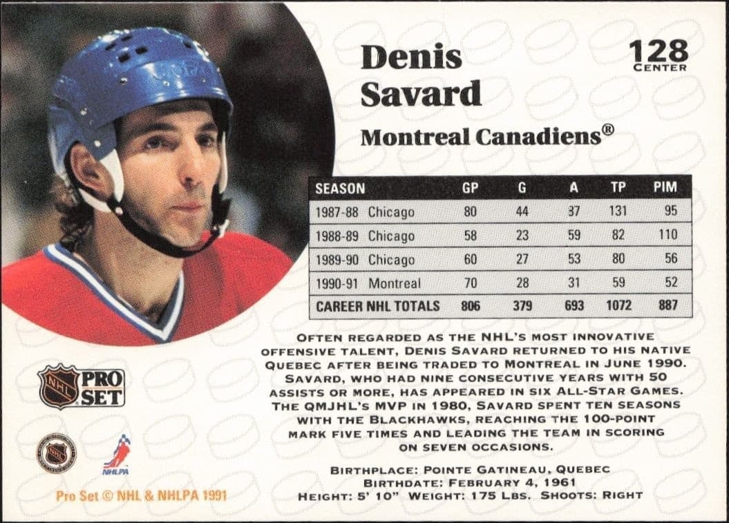 1991-92 Pro Set Denis Savard #128 hockey trading card back