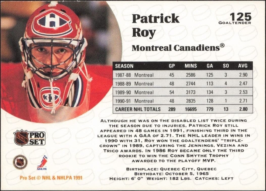 1991-92 Pro Set Patrick Roy #125 hockey trading card back