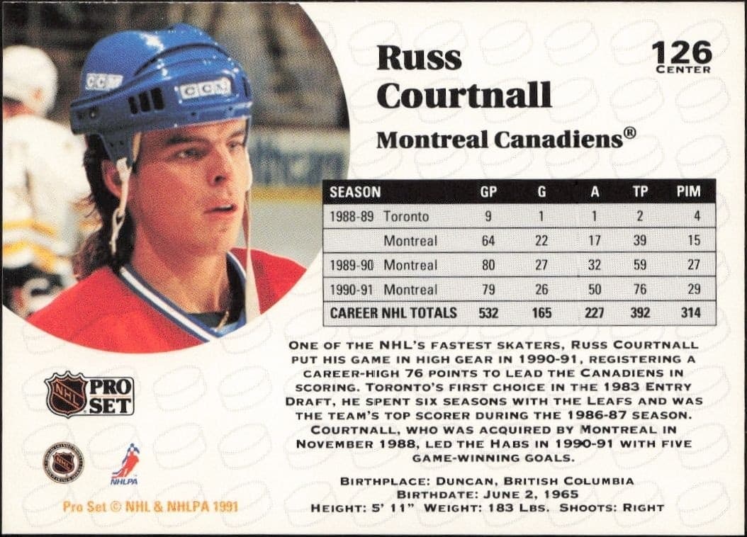 1991-92 Pro Set Russ Courtnall #126 hockey trading card back