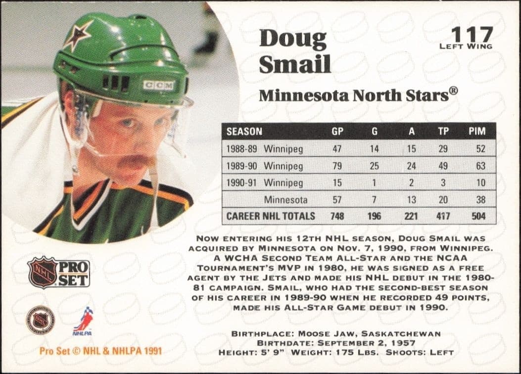 1991-92 Pro Set Doug Smail #117 hockey trading card back