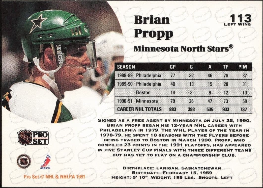 1991-92 Pro Set Brian Propp #113 hockey trading card back