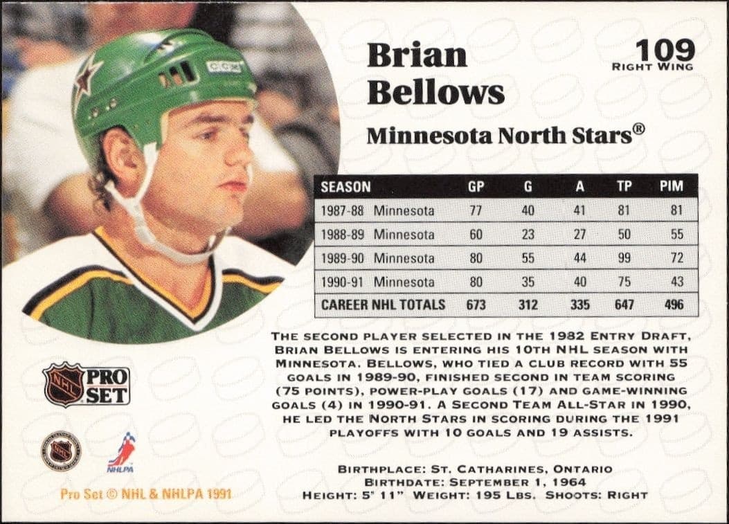 1991-92 Pro Set Brian Bellows #109 hockey trading card back