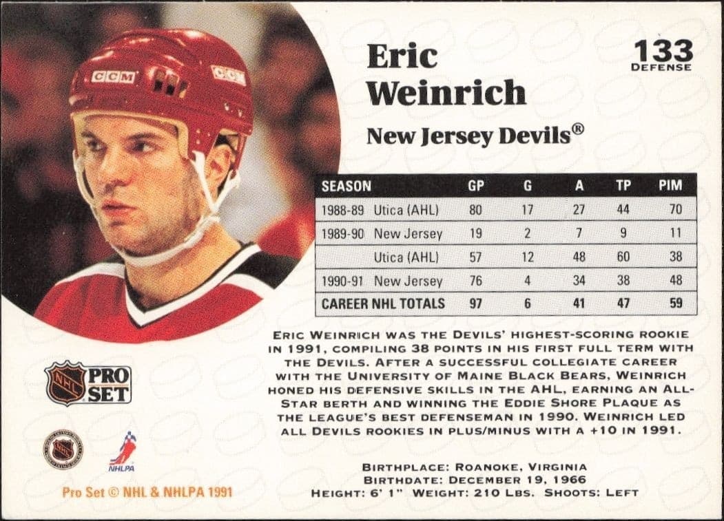 1991-92 Pro Set Eric Weinrich #133 hockey trading card back