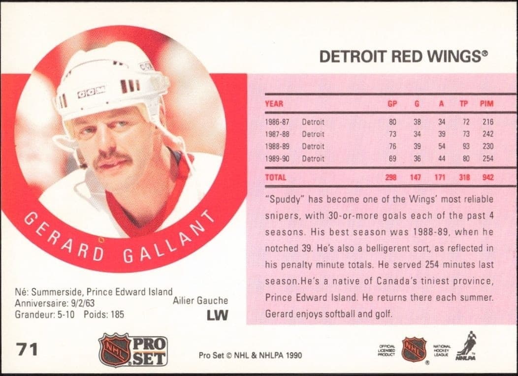 1990-91 Pro Set Gerard Gallant #71 hockey trading card back