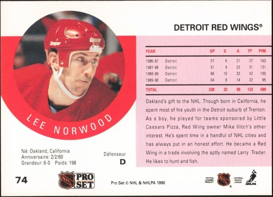 1990-91 Pro Set Lee Norwood #74 hockey trading card back