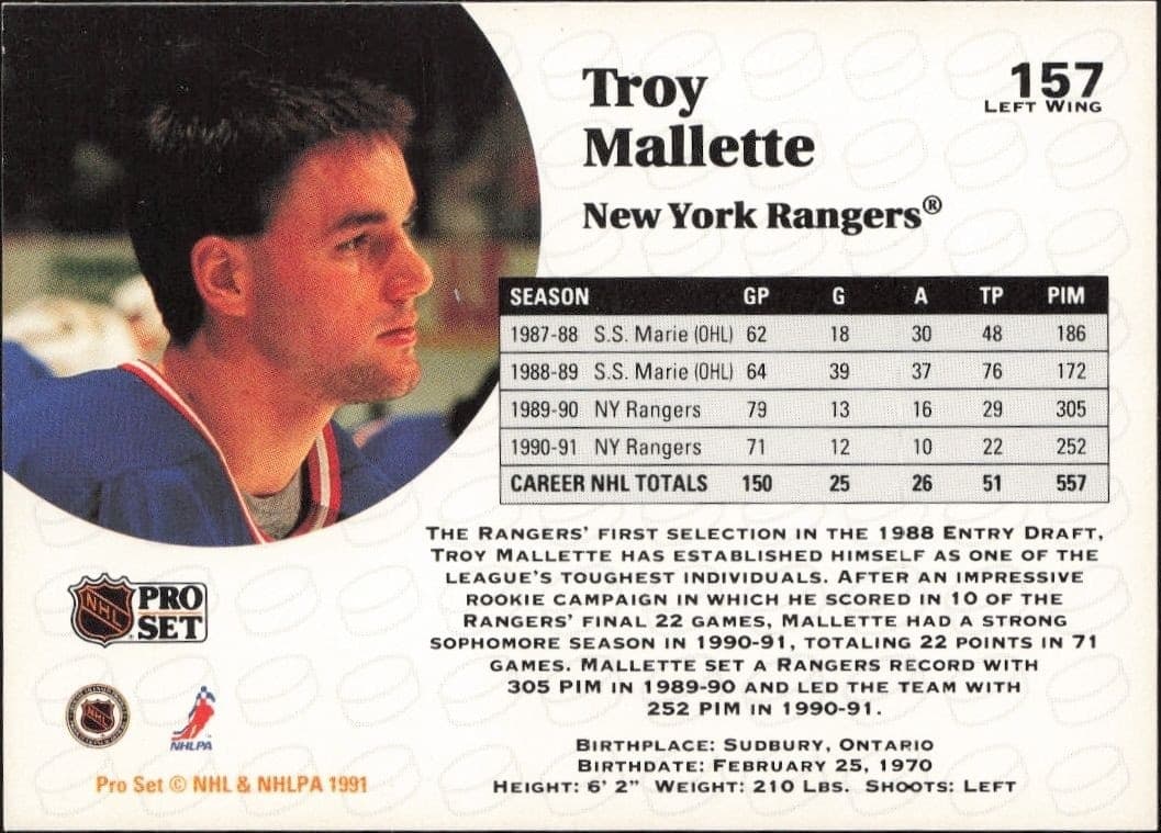 1991-92 Pro Set Troy Mallette #157 hockey trading card back